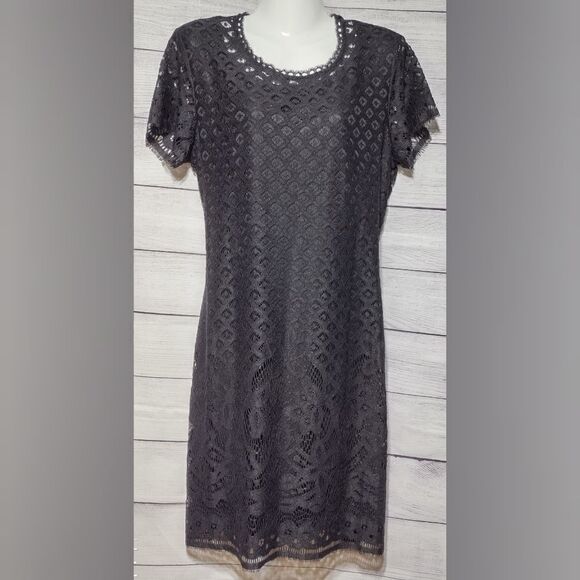 Isaac Mizrahi Black Lace Dress Sz S Stretchy Midi Knee Length Sexy - Picture 1 of 10